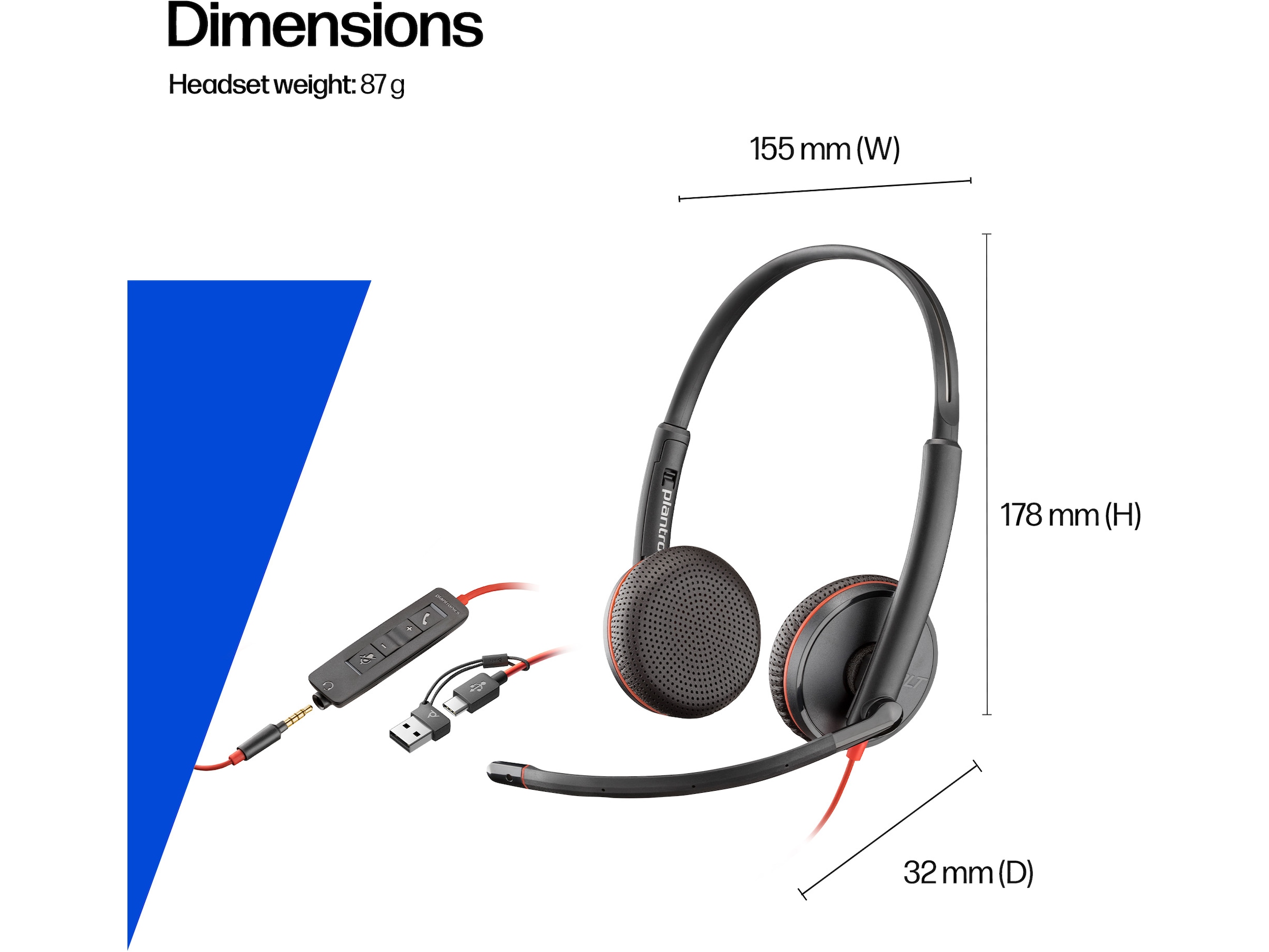 Poly Blackwire 3225 Stereo USB-C Headset Headset, kablat
