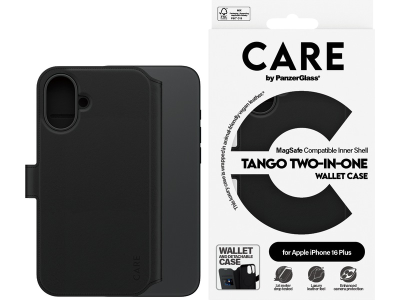 PanzerGlass CARE iPhone 16 Plus Tango 2-i-1 Plånboksfodral (svart) Skydd