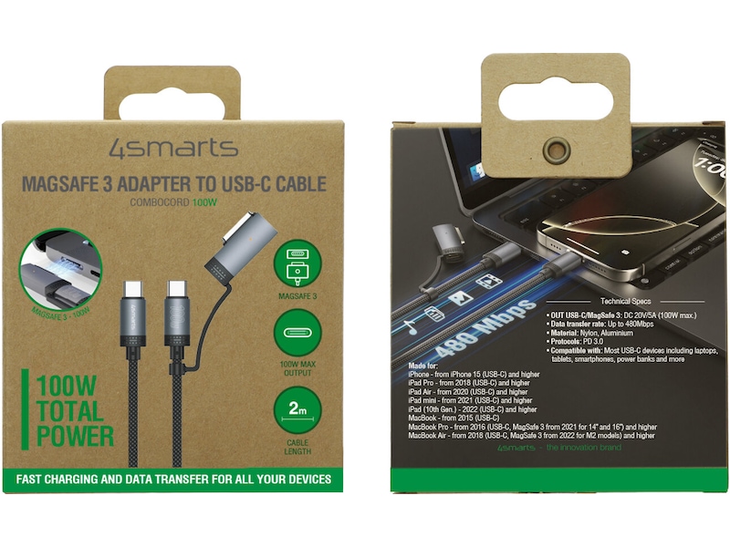 4smarts MagSafe 3 Adapter och USB-C kabel 2m (svart) USB-kablar