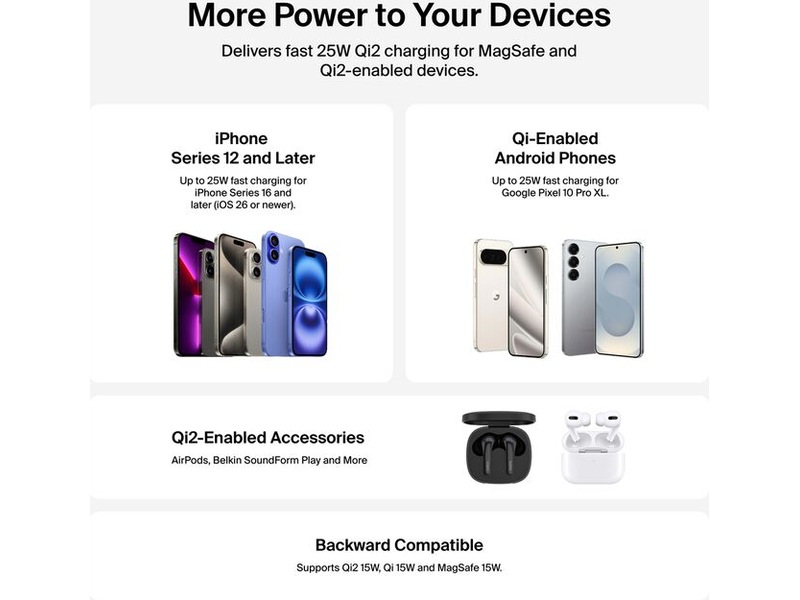 Belkin UltraCharge 25W Qi2 magnetisk laddningsplatta med ställ Trådlös laddare