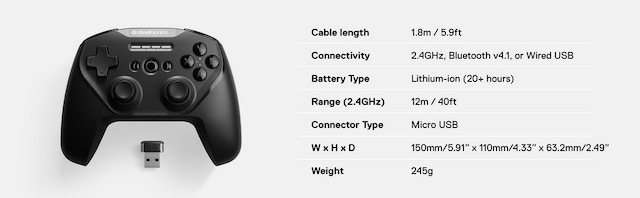 SteelSeries Stratus Duo banner spesifikasjoner med bilde av kontrolleren